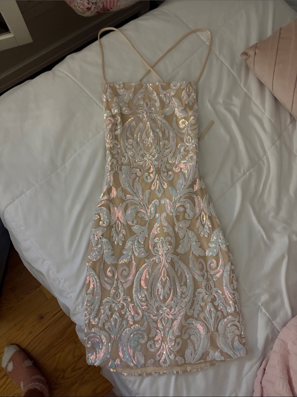 Windsor Nude Beaded Spaghetti Strap Mini Dress